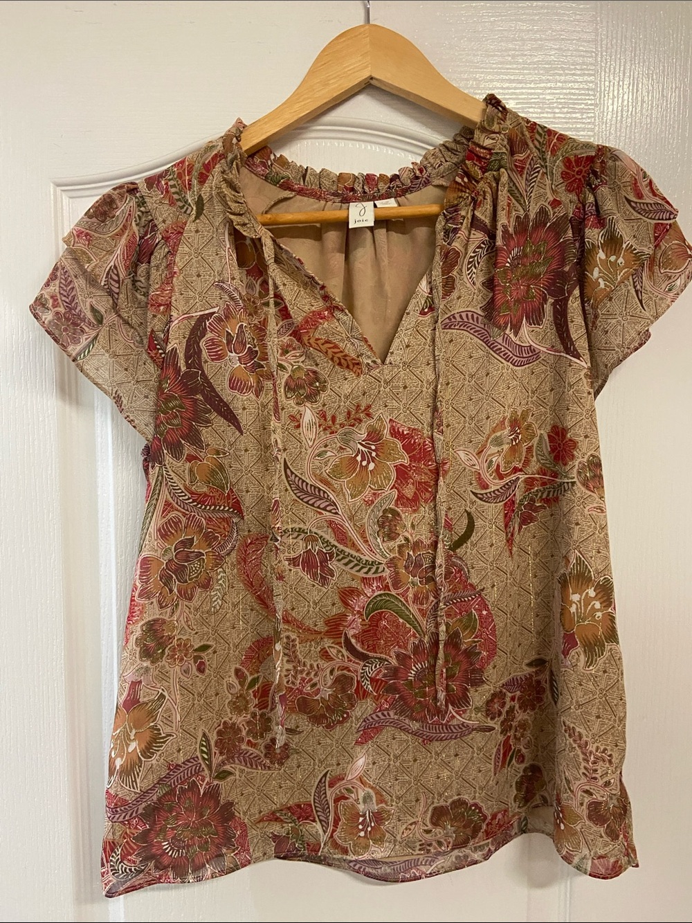 Joie Beige Floral Short Sleeve Peasant Blouse with Red & Green